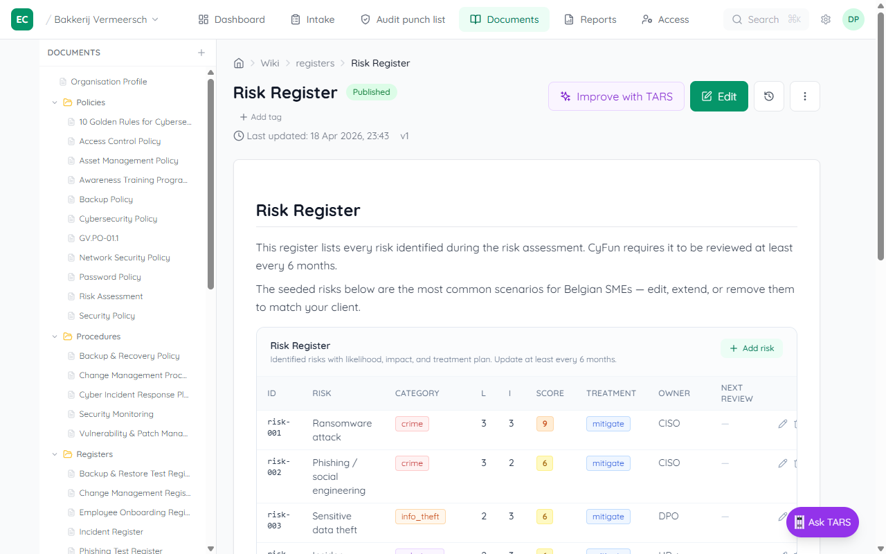Risk Register page showing the Registers folder expanded in the sidebar with all eleven registers listed, and the Risk Register table with seeded rows for ransomware, phishing, data theft, insider misuse, DDoS and supply-chain compromise