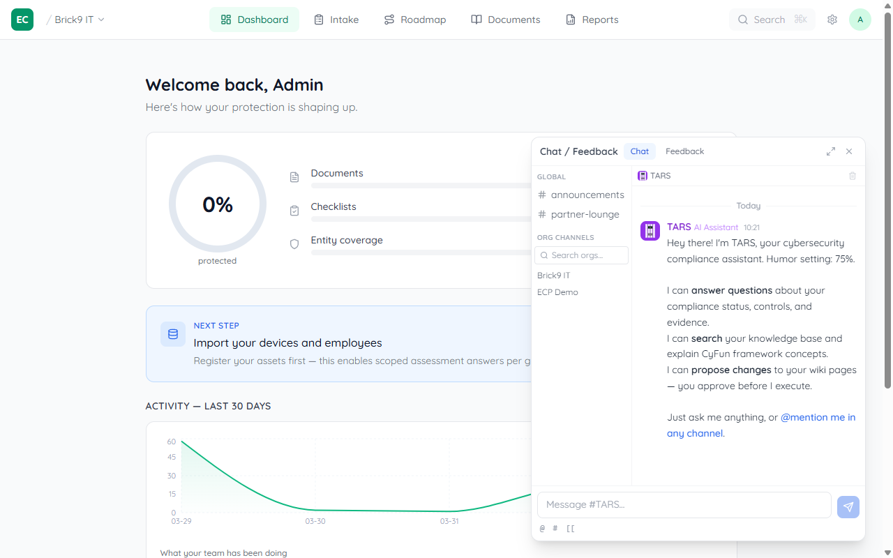 TARS chat interface showing the welcome message from TARS and the message input field at the bottom