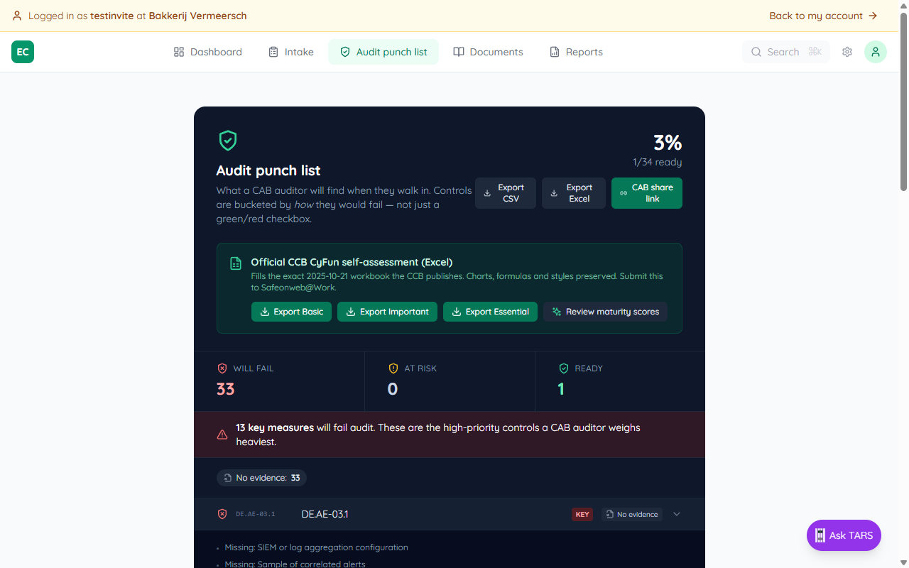 Expanded finding for DE.AE-03.1 showing two missing-evidence bullets (SIEM configuration, correlated alerts sample), the hint Attach a policy config snapshot or log to this control, and an emerald Upload evidence button alongside a View assessment answer link