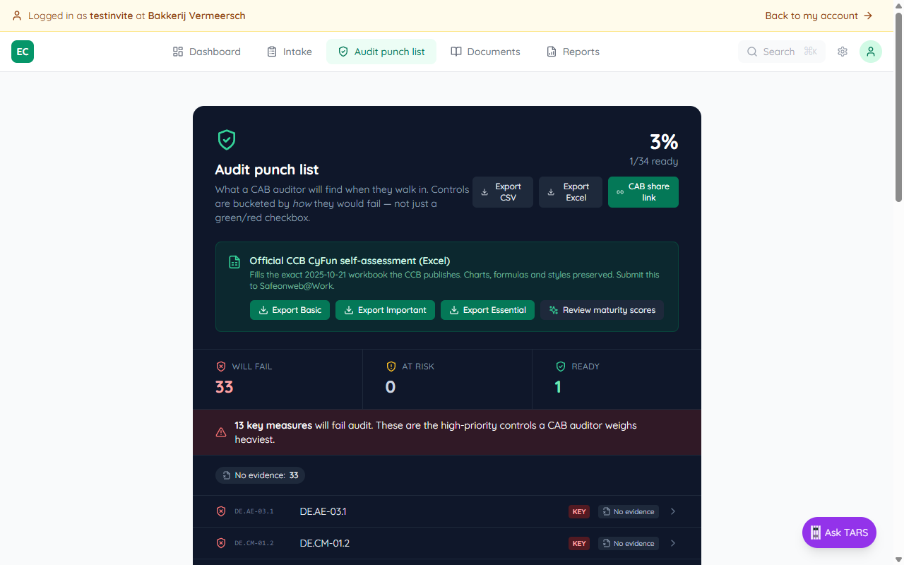 Audit punch list overview showing the readiness KPI at the top with Export CSV, Export Excel, and CAB share link buttons, the three bucket cards (Will fail 34, At risk 0, Ready 0), and the No evidence group with KEY-tagged findings for DE.AE-03.1, DE.CM-01.2, ID.AM-08.2 and other controls