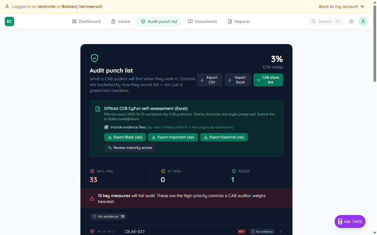 Audit punch list page showing the Official CCB CyFun self-assessment section with the Include evidence files checkbox above Export Basic, Export Important and Export Essential buttons
