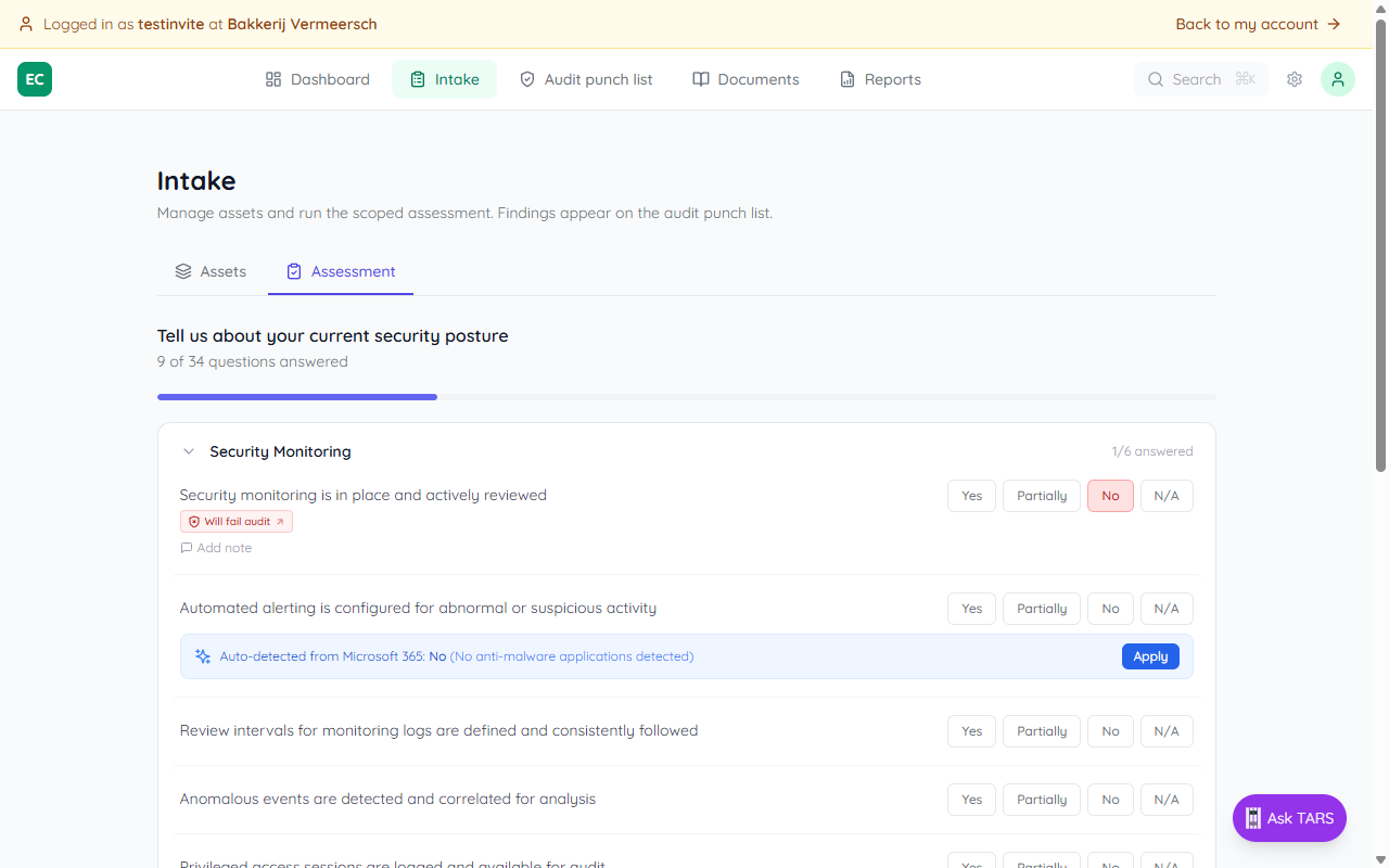 Assessment questions showing blue auto-detection banners from Microsoft 365 with Apply buttons, suggesting Yes for MFA enforcement and Partially for MFA coverage