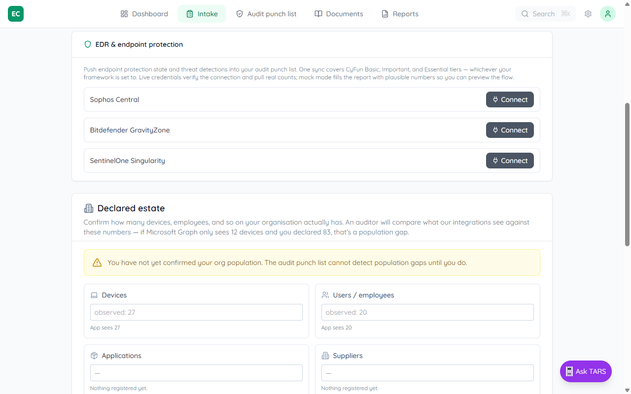 Intake Assets tab showing Microsoft 365 Integration card connected, EDR endpoint protection card with Sophos, Bitdefender, and SentinelOne, Declared estate card with observed counts, entity count tiles, and entity groups list