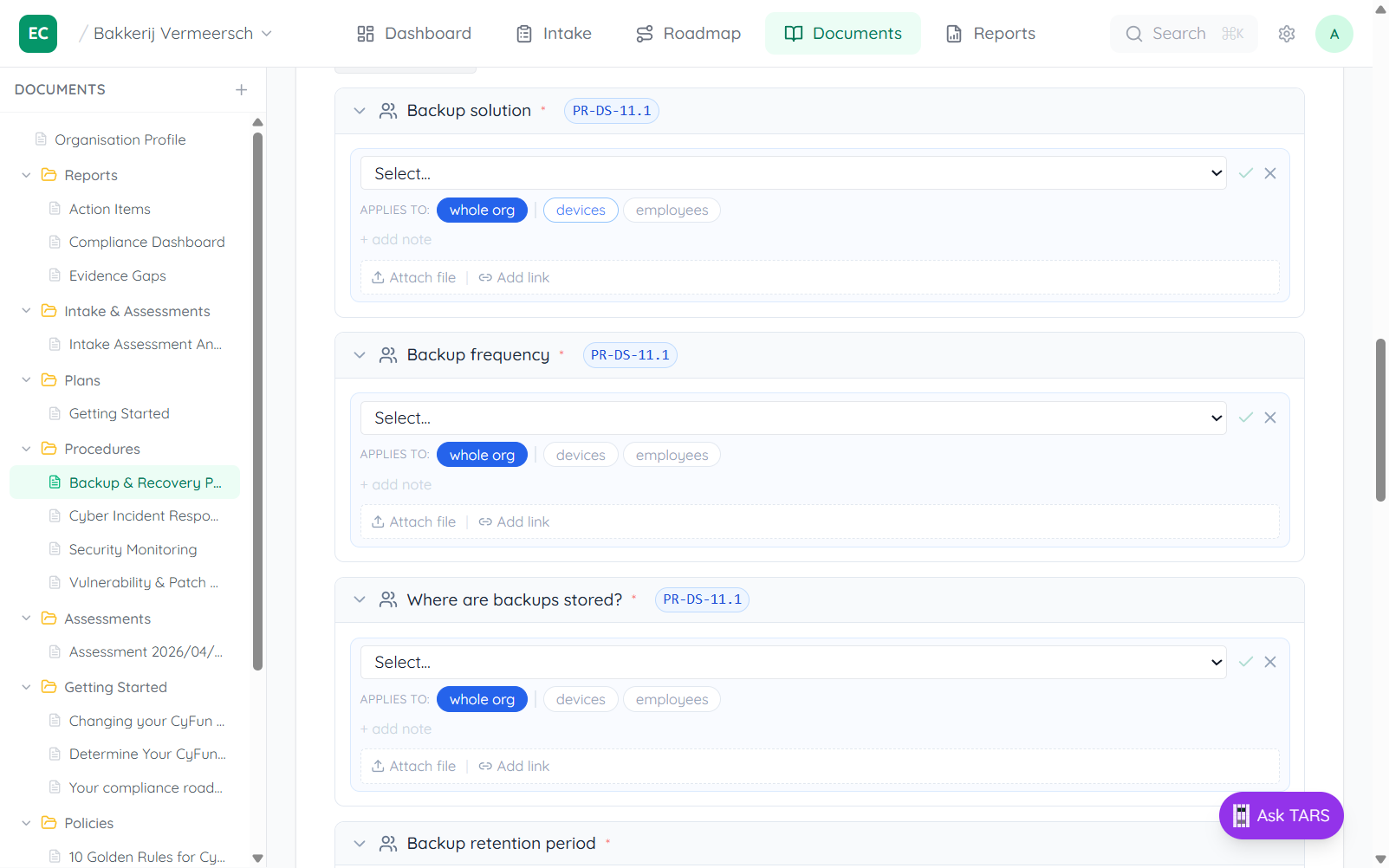 Backup and Recovery Policy document in view mode showing section headings, dropdown fields for Backup solution and Backup frequency, and scope buttons labelled whole org and employees