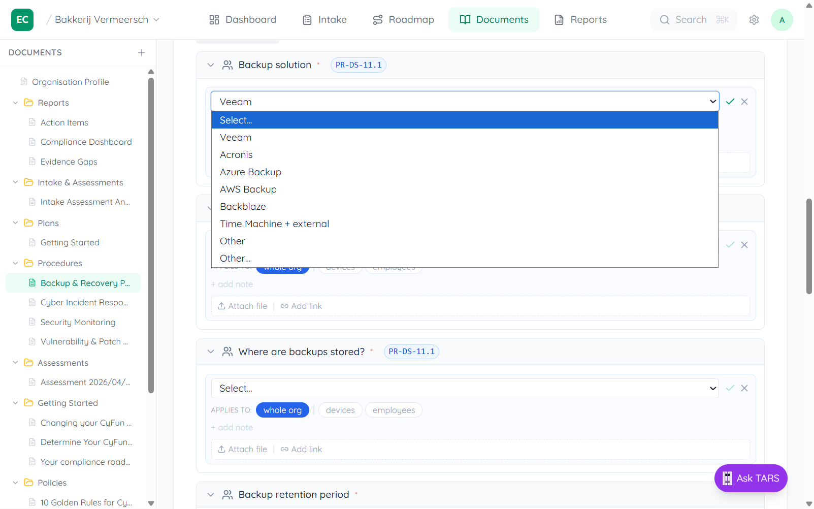 Backup solution field saved showing Veeam with Whole organisation scope label and Add another button