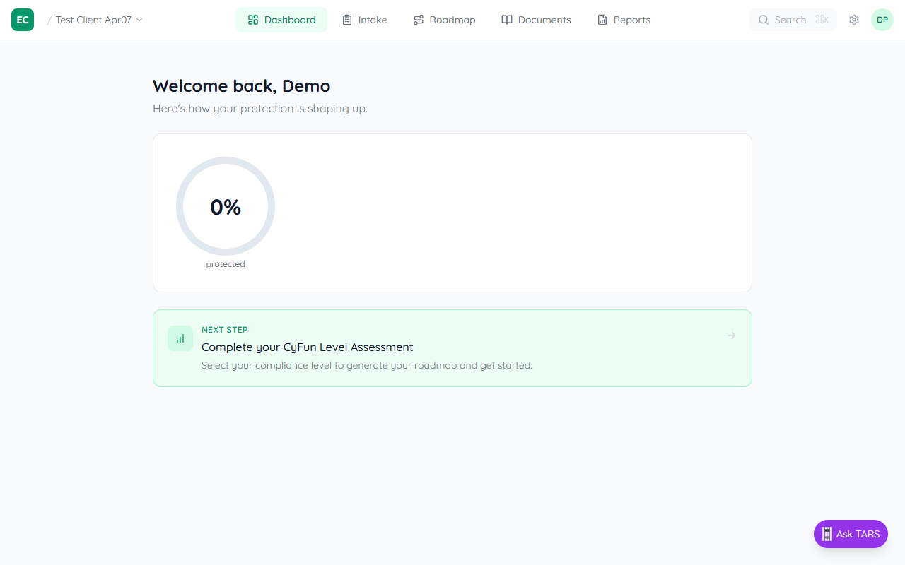 Client workspace home page showing Welcome to ECP heading, 3% audit-ready compliance score, and focus tasks including Security Policy and Risk Assessment