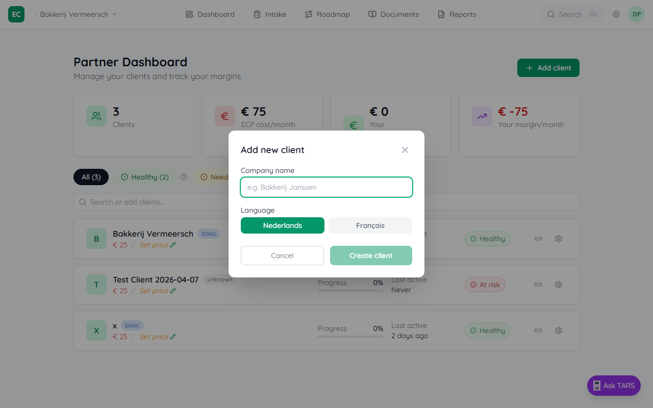 Add new client modal showing company name field, language selector (Nederlands / Français), Cancel and Create client buttons