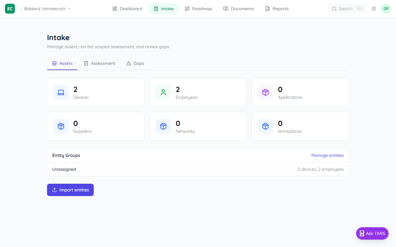 Entity Register page with Import CSV button visible in the top-right corner and entity list below