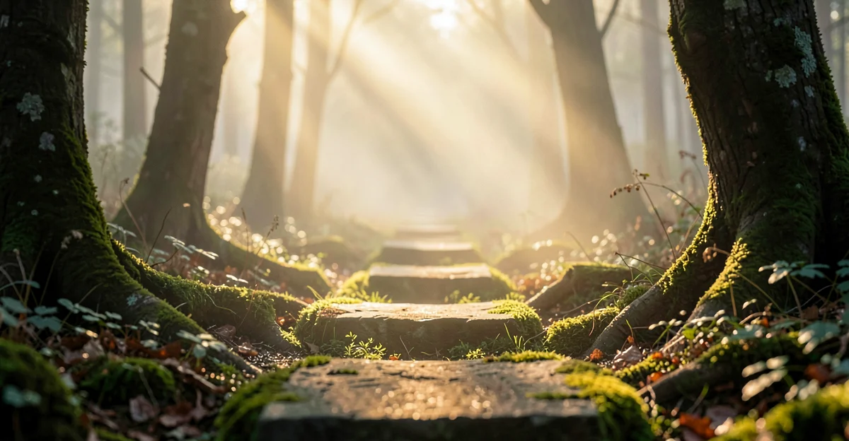 Stone path splitting into three directions in a misty forest at dawn - representing the choice between cybersecurity options