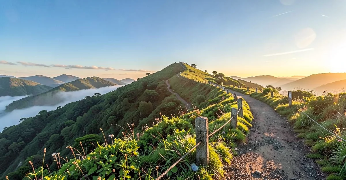 Winding mountain trail ascending toward the summit with visible waypoints - representing the compliance journey