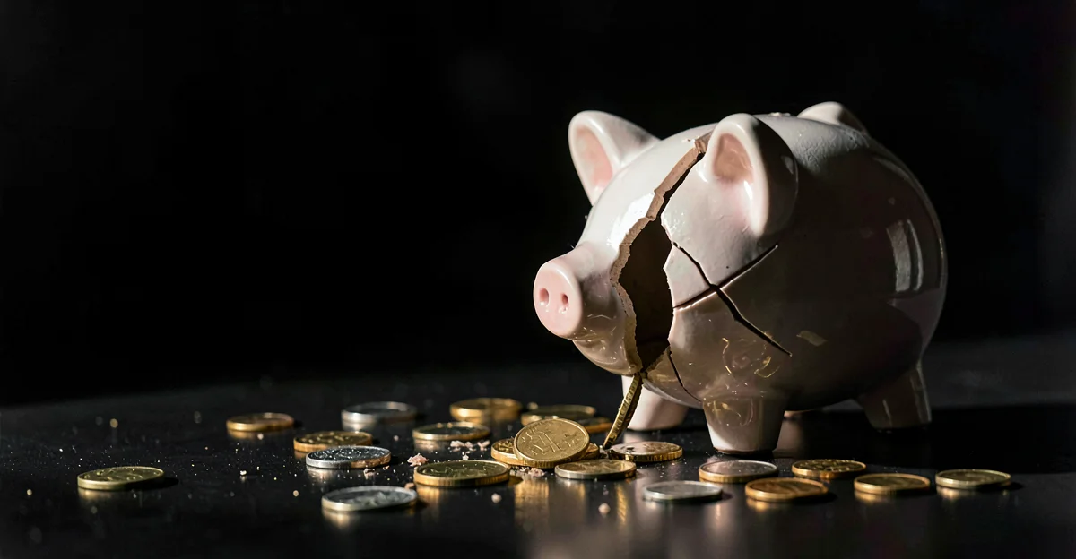 Shattered piggy bank with coins scattering - representing the financial cost of a data breach