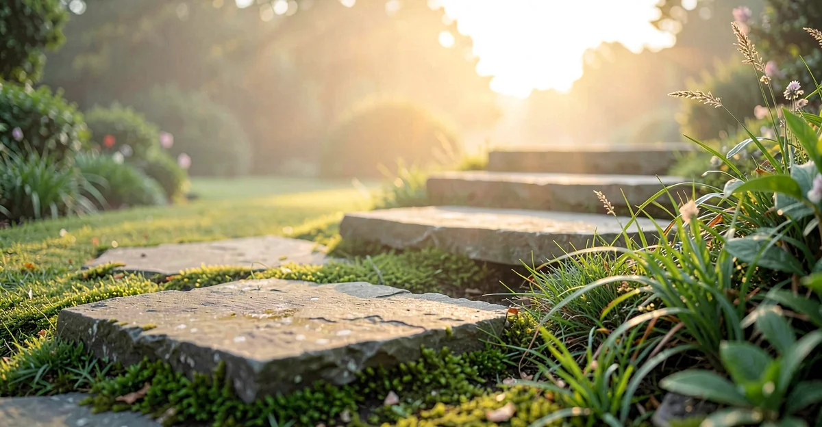 Stone stepping stones ascending through morning mist - representing the journey to security